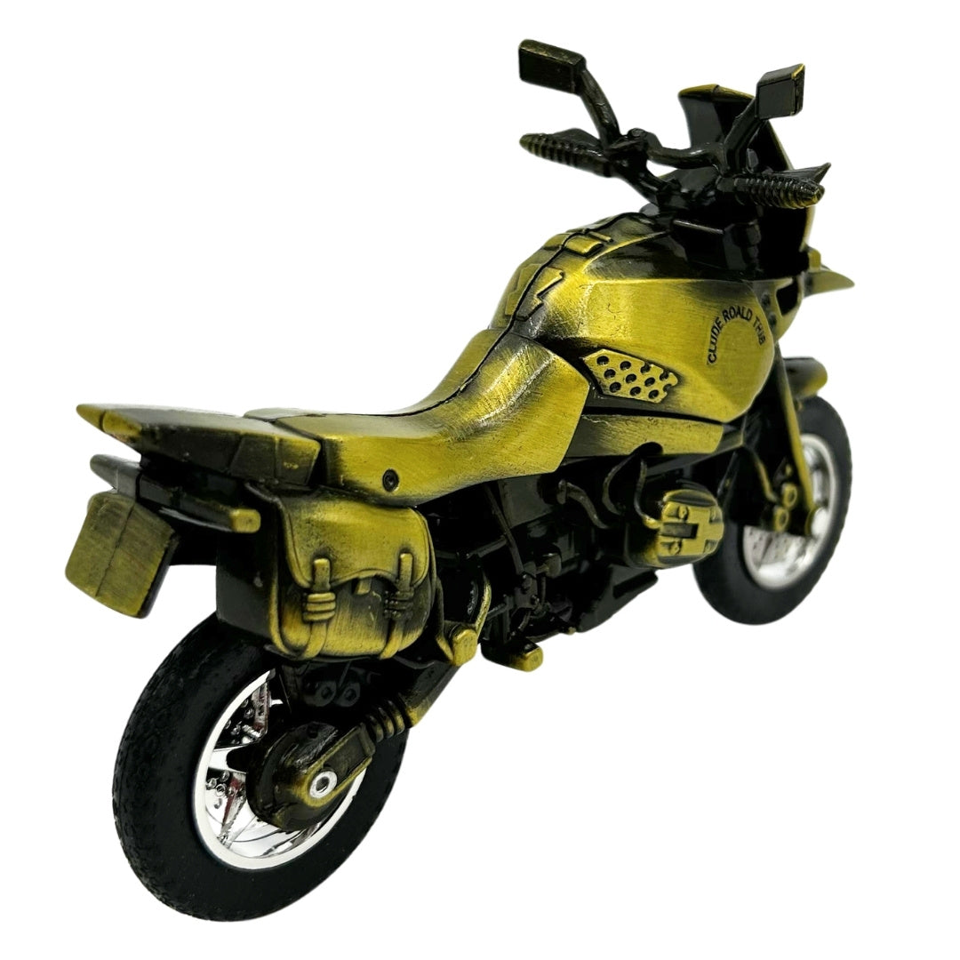Modelo de motocicleta metálica HJ1 en color verde oscuro con posibilidad de personalización mediante grabado
