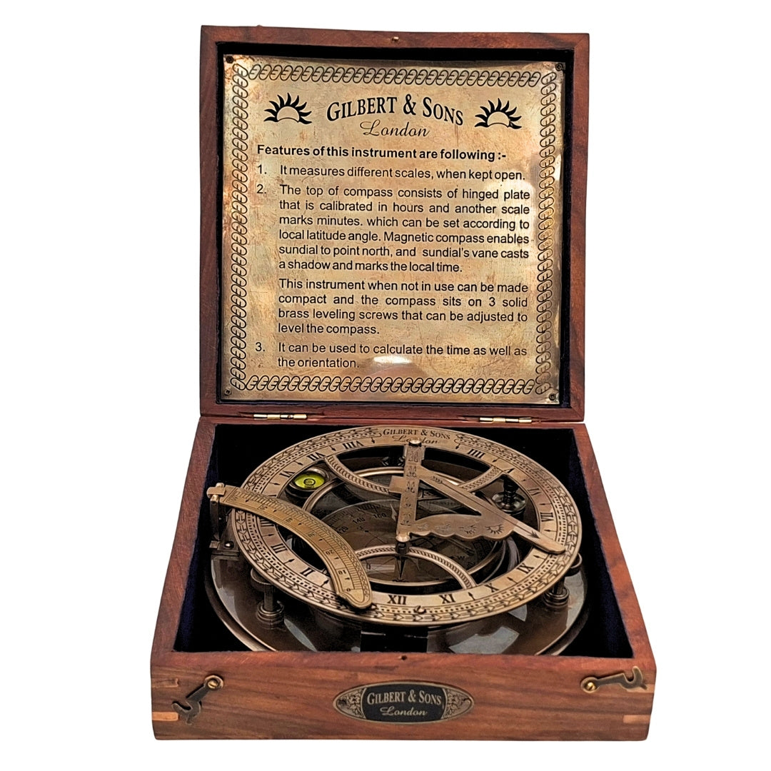 Gran Brújula de Latón XXL con Reloj de Sol en Elegante Caja de Madera