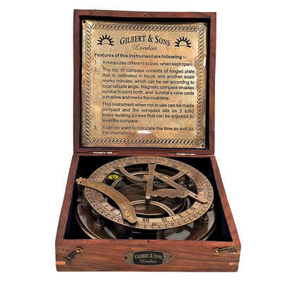 Gran Brújula de Latón XXL con Reloj de Sol en Elegante Caja de Madera