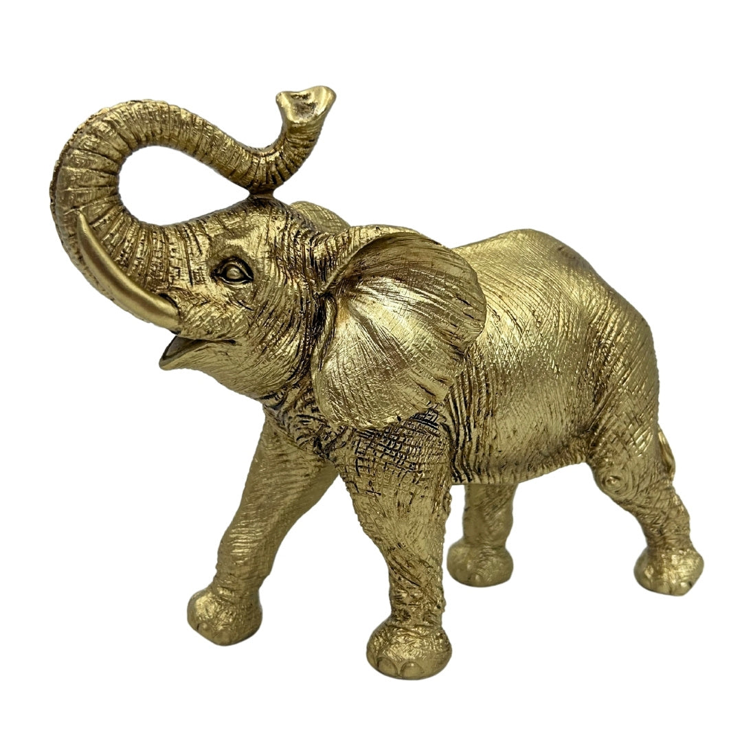 Elefante dorado con trompa levantada - elegante figura decorativa con opción de grabado personalizado, ideal para regalo - altura 20,5 cm, material polyresina