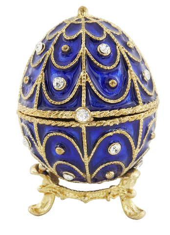 Exclusiva caja metálica con cristales en forma de huevo Fabergé, azul marino y dorado, 5,5x6,5 cm con posibilidad de personalización con grabado