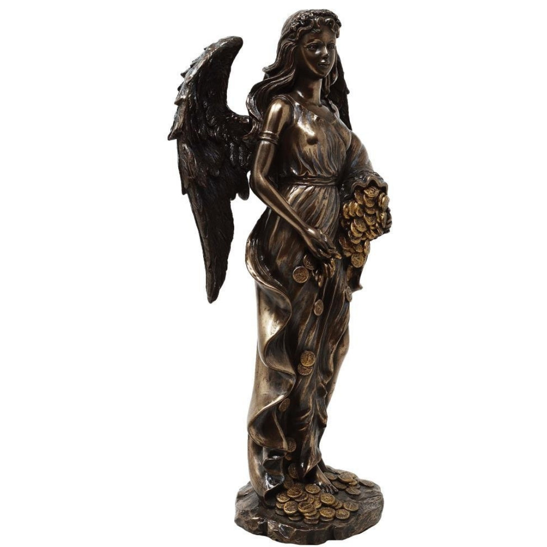 Figura de Fortuna, diosa de la suerte y la riqueza, 29 cm con cuerno de la abundancia - Grabado personalizado para regalo, elegante decoración de conglomerado de resina en tonos marrón y cobre