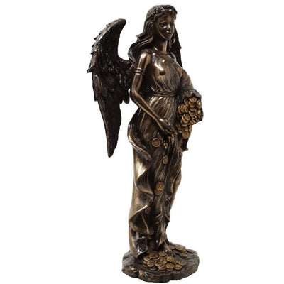 Figura de Fortuna, diosa de la suerte y la riqueza, 29 cm con cuerno de la abundancia - Grabado personalizado para regalo, elegante decoración de conglomerado de resina en tonos marrón y cobre