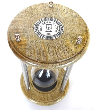 Reloj de arena de latón y madera de 10 minutos con grabado - Regalo elegante en color negro, altura 25 cm, hecho de metal, vidrio y madera de mango
