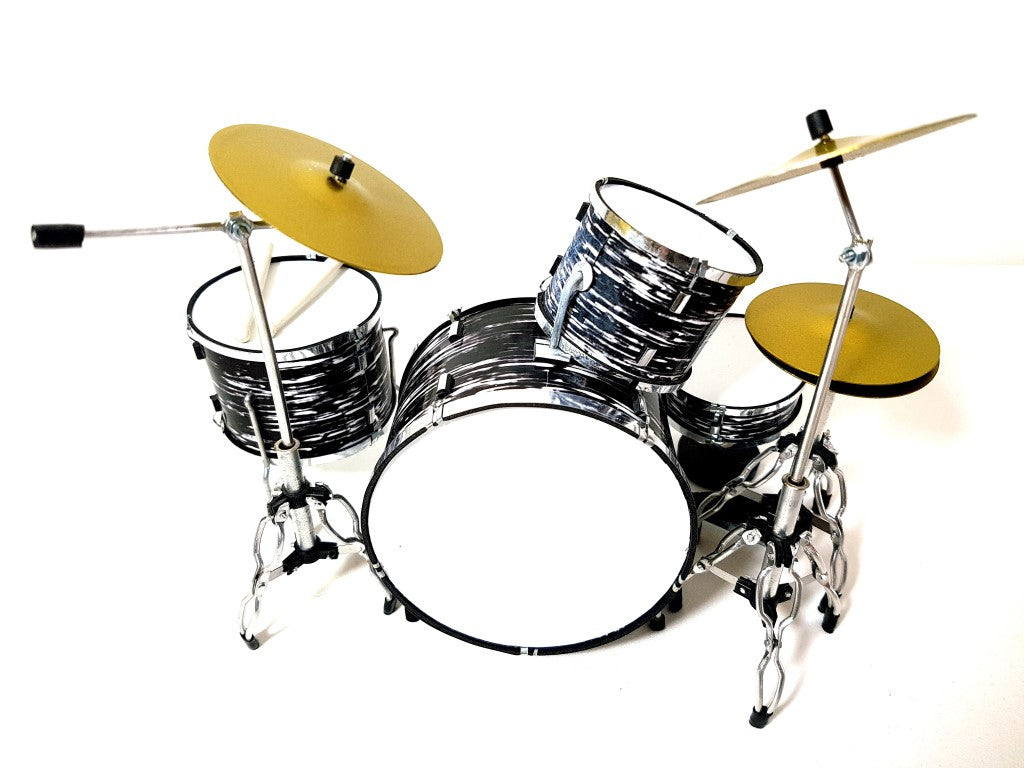 Mini batería blanco y negro MDR-0015 1:5 con opción de personalización con grabado - regalo perfecto para amantes de la música, hecha de metal y plástico, altura 15 cm, ancho 20 cm, profundidad 20 cm, para montaje propio