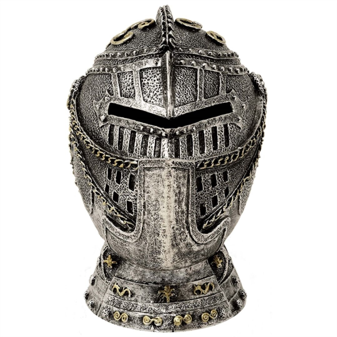Hucha decorativa con forma de casco de caballero y grabado: plata envejecida, 13 cm