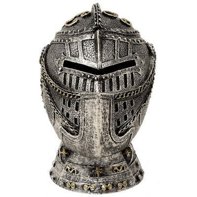 Hucha decorativa con forma de casco de caballero y grabado: plata envejecida, 13 cm
