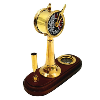 Elegante conjunto de escritorio con grabado – Telégrafo de máquina, brújula y soporte para bolígrafo con base de madera – Regalo ideal para navegante, gerente o amante del estilo retro – Latón y madera de alta calidad, dimensiones 16,5 x 6 x 16,8 cm  