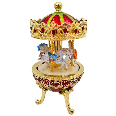 Caja de Música Carrusel con Grabado - Decoración Elegante en Dorado y Rojo, 14 cm