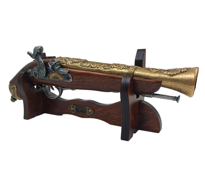 Réplica de pistola de chispa del siglo XVIII en soporte con posibilidad de personalización mediante grabado - Elemento decorativo elegante e ideal para regalo para amantes de la historia - Fabricado en metal y madera, longitud 38 cm