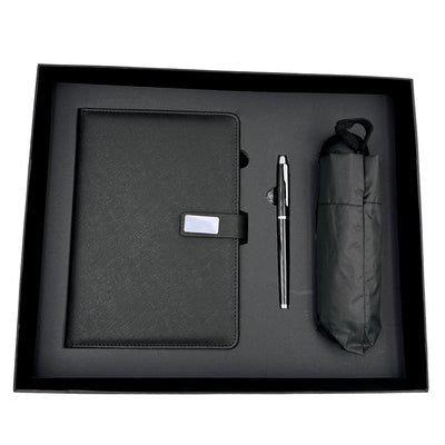 Set de Regalo Elegante con Personalización - Cuaderno de Piel A5, Bolígrafo y Paraguas Negro en Caja de Regalo