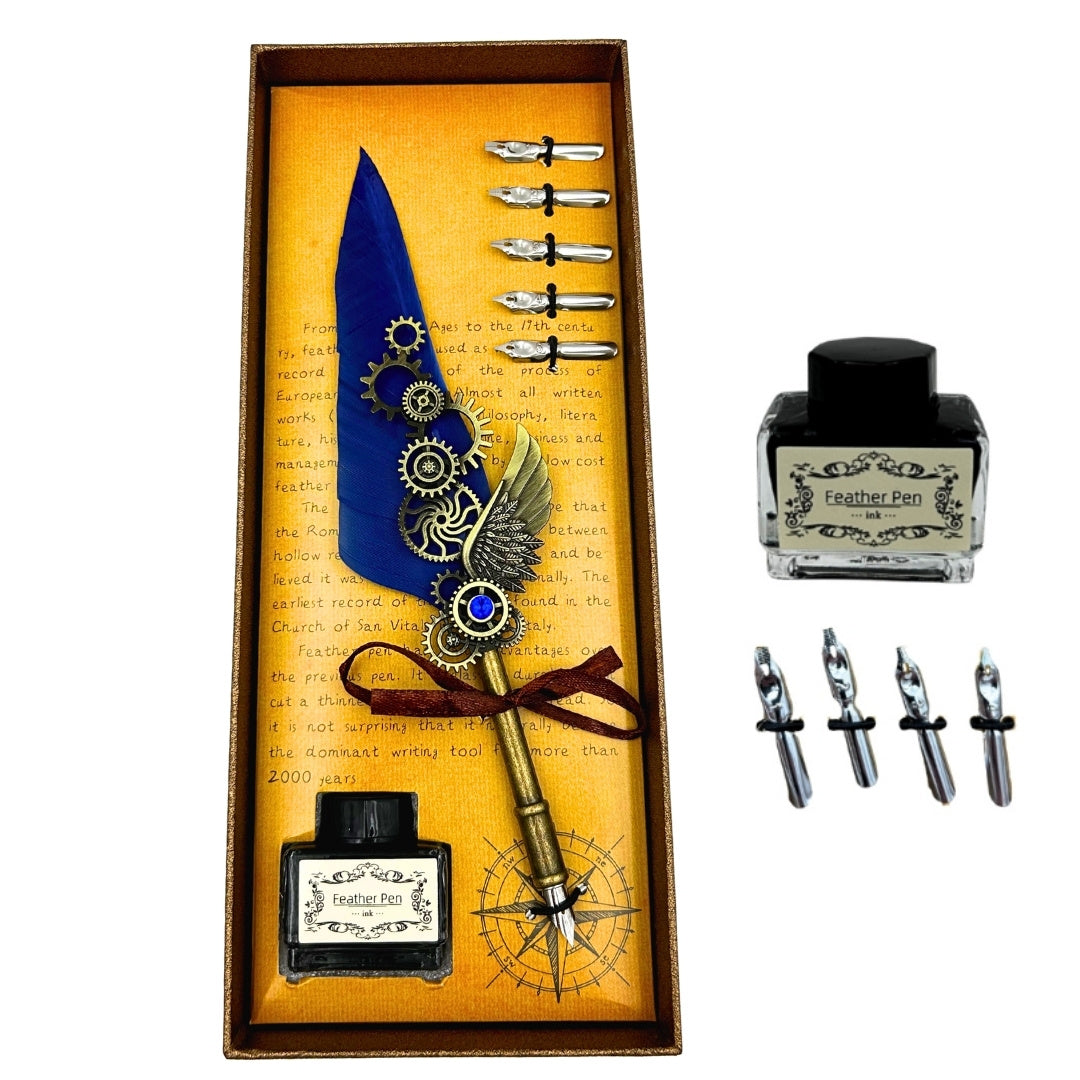 Set de Caligrafía Retro con Pluma de Ganso Azul, 6 Plumillas, Tinta, Personalización con Grabado, Elegante Regalo de Estilo Vintage