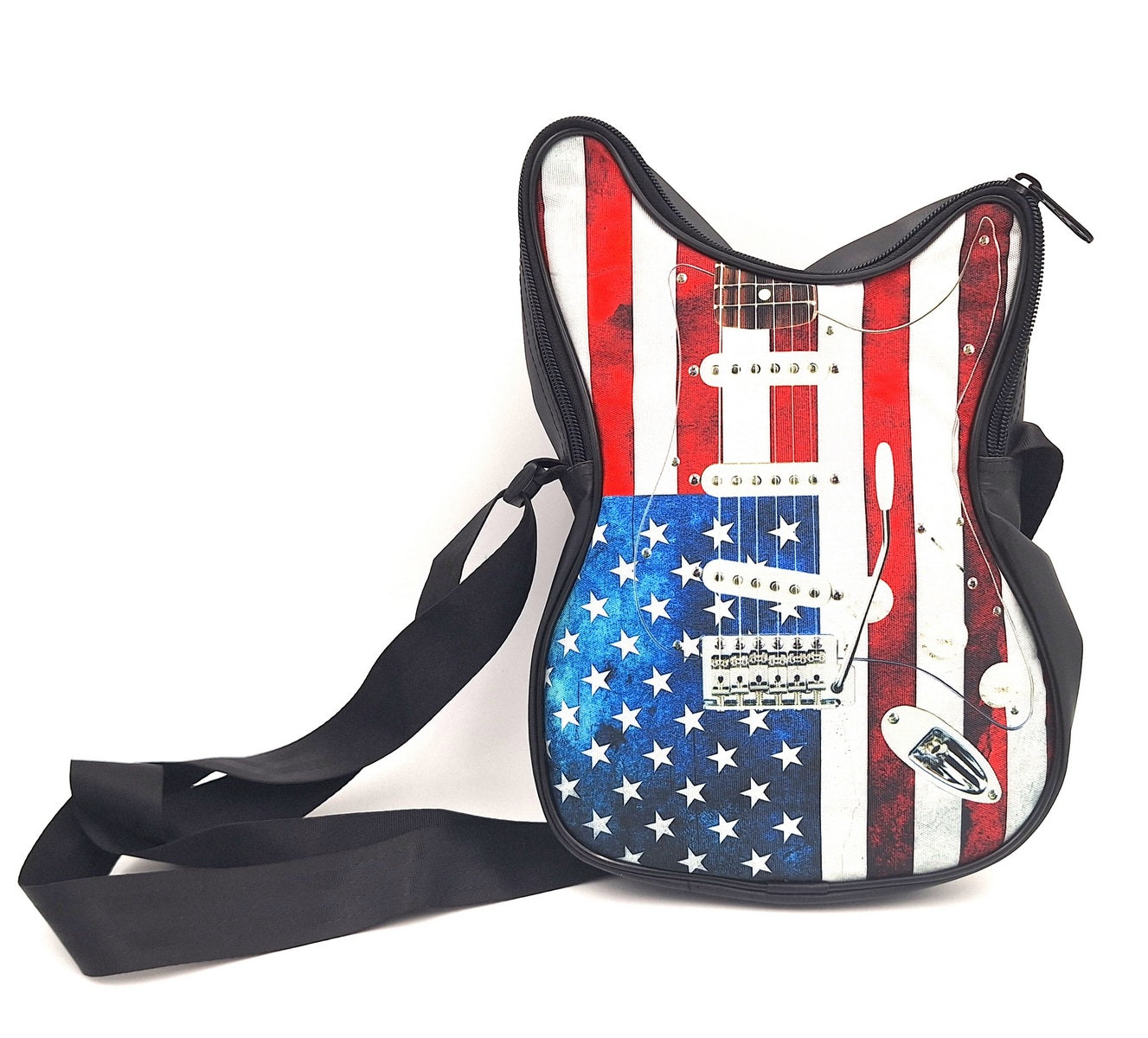 Bolso de hombro con forma de guitarra con bandera estadounidense – impermeable, con correa ajustable, posibilidad de personalización mediante grabado