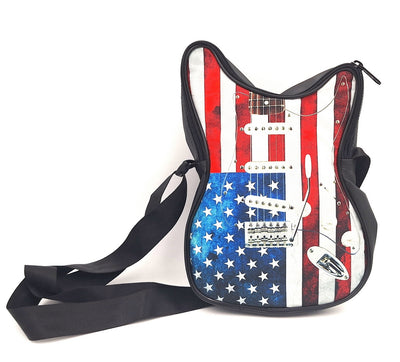 Bolso de hombro con forma de guitarra con bandera estadounidense – impermeable, con correa ajustable, posibilidad de personalización mediante grabado