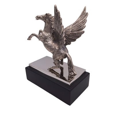 Figura decorativa de Pegaso de aluminio sobre base de acero y madera, grabado personalizado, regalo elegante para amantes de la mitología griega, altura 36 cm, color plateado con base negra