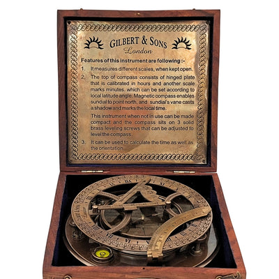 Gran Brújula de Latón XXL con Reloj de Sol en Elegante Caja de Madera