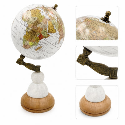 Globo Decorativo Voyager sobre Base de Mármol y Madera con Opción de Personalización con Grabado – Regalo Elegante para Amantes de los Viajes, Altura 32 cm, Diámetro 15,5 cm, Mapa Blanco con Continentes de Colores