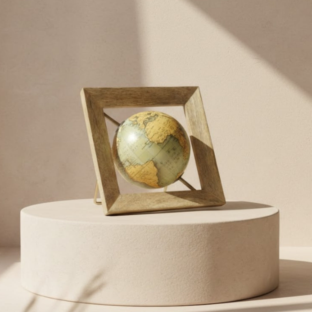 Globo Decorativo GLB-40 en Marco de Madera con Posibilidad de Personalización con Grabado, Mapa Azul y Amarillo, Diámetro 15 cm