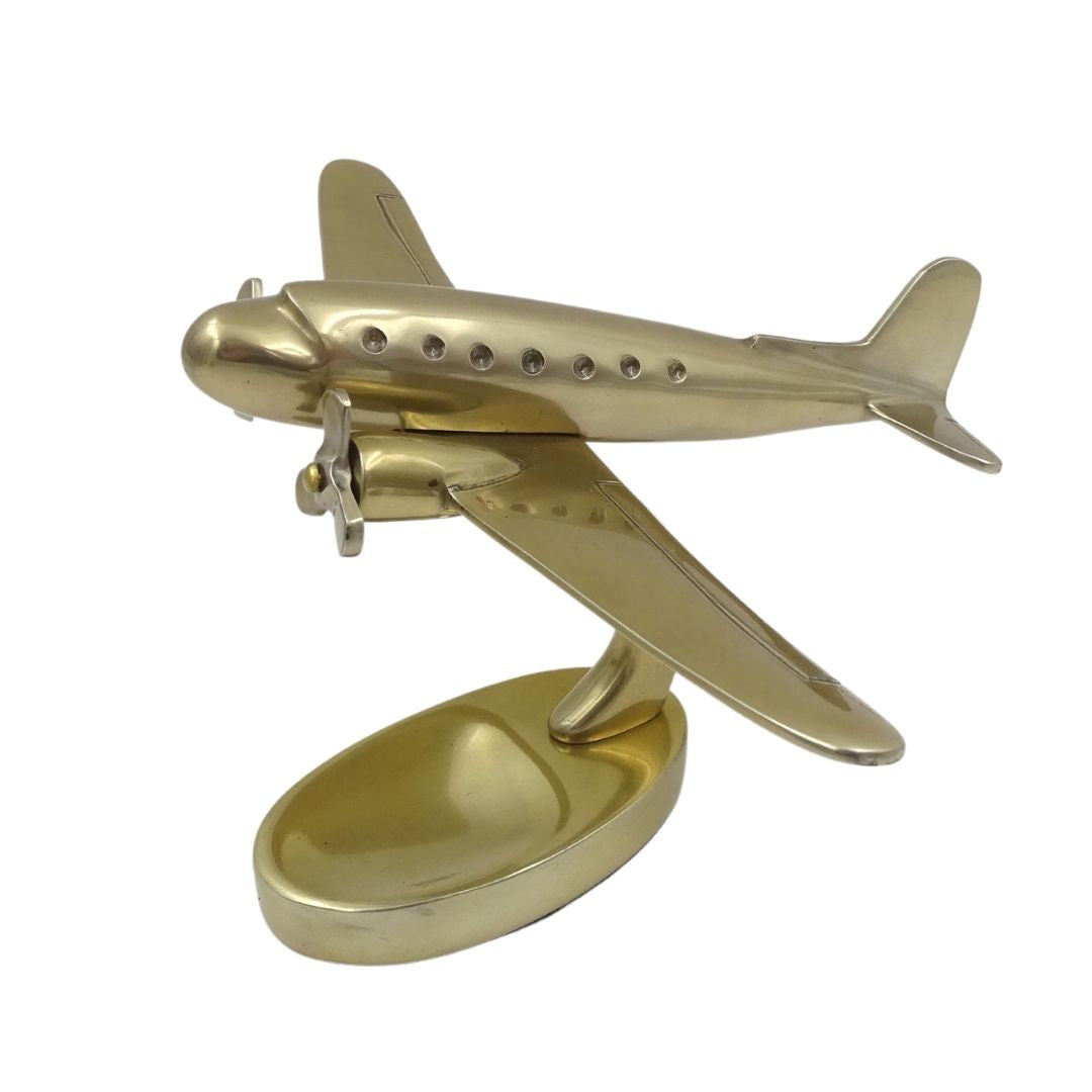 Modelo grande de avión metálico bimotor con opción de personalización con grabado, dorado, 19,5 x 16,5 x 29 cm