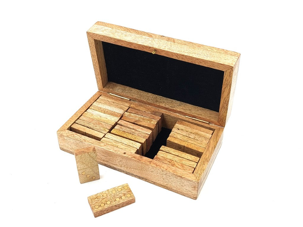 Dominó de madera de mango en caja con grabado - regalo personalizado para adultos, 28 fichas, adornos de latón, dimensiones de la caja 15 x 8 x 4,5 cm