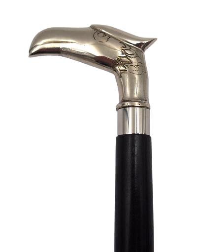 Bastón plegable de madera con cabeza de águila - regalo elegante con opción de personalización mediante grabado, longitud 91,5 cm, negro con mango plateado y latón