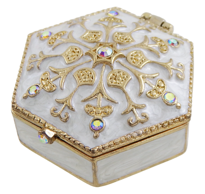 Elegante caja metálica de regalo con cristales B0035-08WH, blanco y dorado, posibilidad de personalización con grabado, ideal para joyas y pequeños objetos, 5x5x2 cm