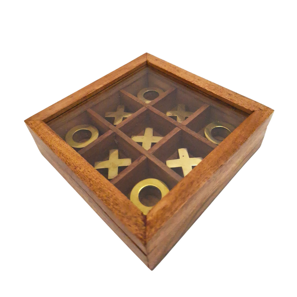 Elegante juego de tres en raya en caja con tapa de cristal con posibilidad de personalización mediante grabado - conjunto de lujo de madera y latón, ideal para regalo a profesores y directores - dimensiones 12,5 x 12,5 x 2,5 cm