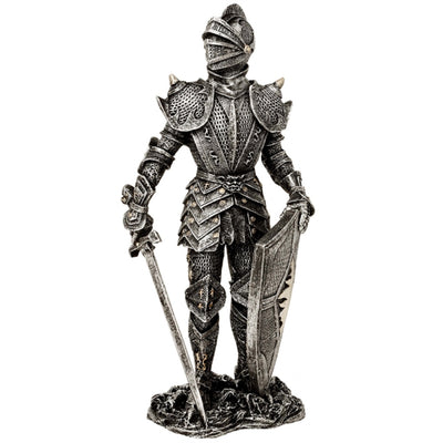Figura decorativa Caballero en armadura plateada 30 cm con opción de grabado personalizado - Regalo elegante para amantes de la historia y fantasía, pintada a mano en poliresina  