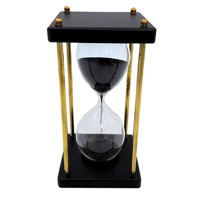 Reloj de arena de latón y madera de 5 minutos con arena negra con posibilidad de personalización con grabado – decoración retro elegante para regalo de 16 cm de altura