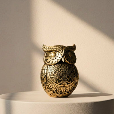 Búho de la sabiduría con posibilidad de personalización con grabado, decoración en color dorado y negro, altura 13,6 cm, regalo ideal para cualquier ocasión