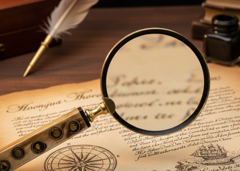 Lupa de latón con vidrio aumentador retro y mango de hueso