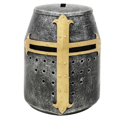 Hucha casco de caballero cruzado con personalización con grabado – regalo único estilo medieval, altura 10 cm, pintado a mano en poliresina