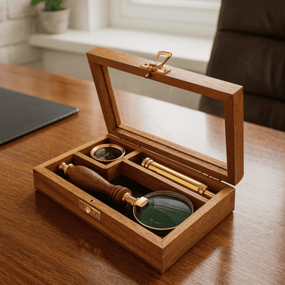 Conjunto de viajero con catalejo, brújula y lupa en caja de madera con opción de grabado personalizado  