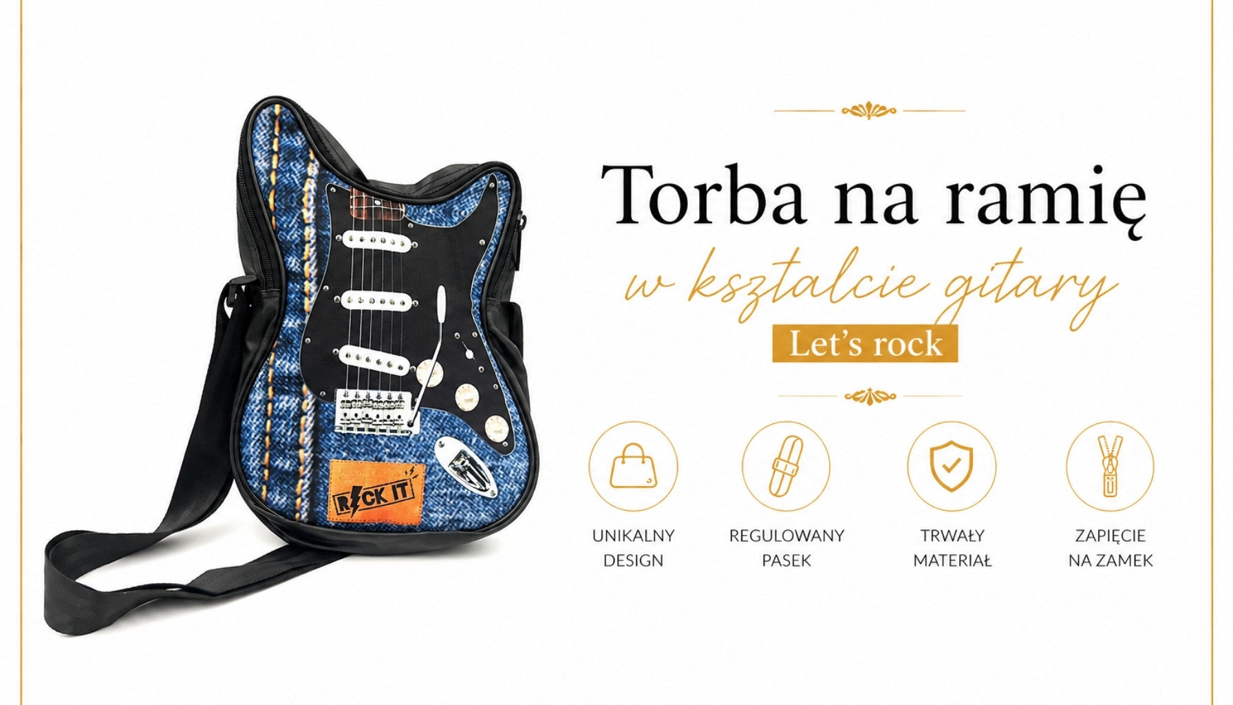Bolso de hombro con forma de guitarra Let’s Rock RBG-019 con posibilidad de personalización mediante grabado, impermeable, ideal para regalo a músicos, PVC 100% y poliéster, dimensiones 34 x 23 x 5 cm