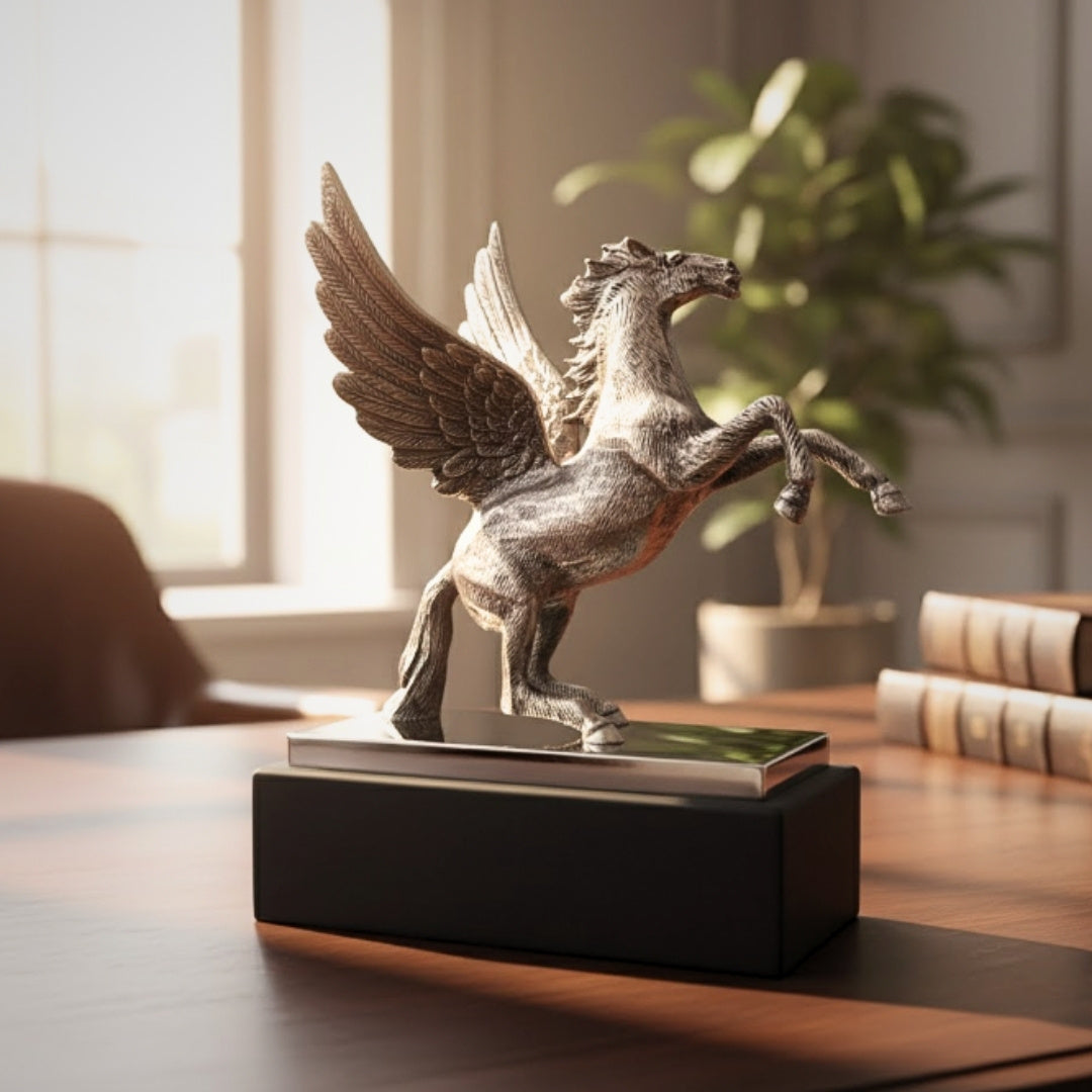 Figura decorativa de Pegaso de aluminio sobre base de acero y madera, grabado personalizado, regalo elegante para amantes de la mitología griega, altura 36 cm, color plateado con base negra