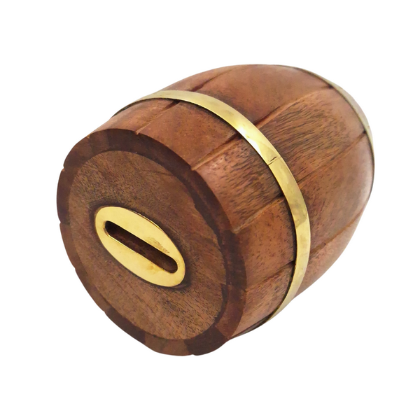 Hucha de madera barril con herrajes de latón