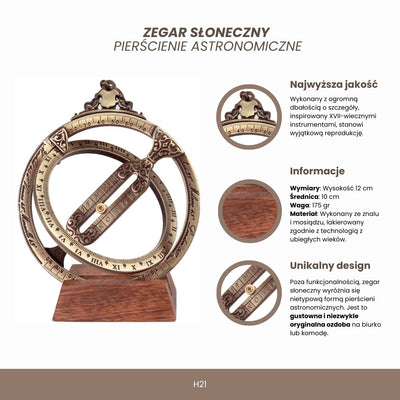 Reloj de sol H21 con anillos astronómicos, grabado personalizado, regalo elegante para escritorio, altura 12 cm, latón y zincal