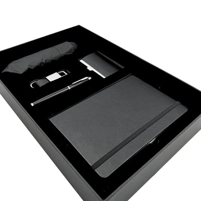 Set de Regalo Elegante Classico con Personalización - Cuaderno de Piel A5, Paraguas, Bolígrafo, Porta Tarjetas y Llavero en Caja Estética de Regalo