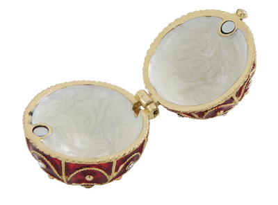Exclusiva caja metálica Fabergé con cristales en color rojo y dorado, posibilidad de personalización con grabado, ideal para regalo, dimensiones 5,5x6,5 cm