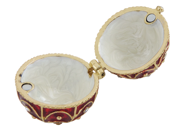 Exclusiva caja metálica Fabergé con cristales en color rojo y dorado, posibilidad de personalización con grabado, ideal para regalo, dimensiones 5,5x6,5 cm