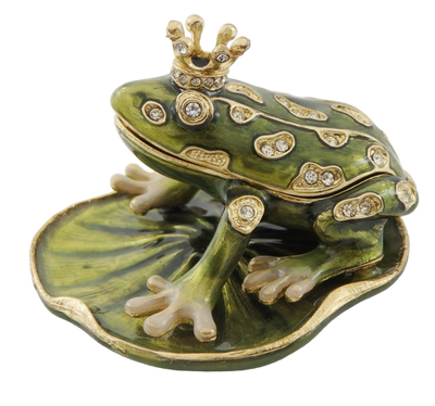 Exclusiva caja metálica en forma de rana con cristales, verde oscuro y dorado, posibilidad de personalización con grabado, ideal para regalo, dimensiones 6,5x6,7x4,5 cm