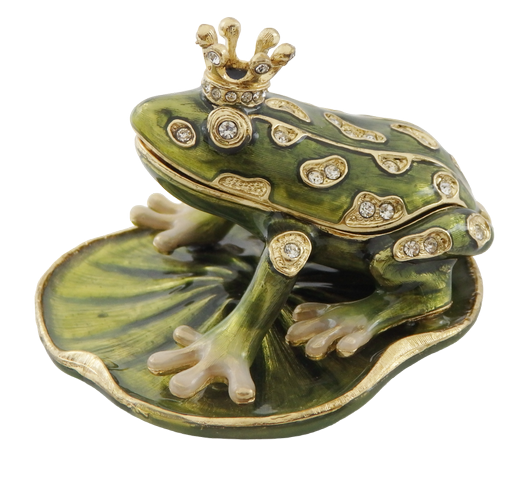 Exclusiva caja metálica en forma de rana con cristales, verde oscuro y dorado, posibilidad de personalización con grabado, ideal para regalo, dimensiones 6,5x6,7x4,5 cm