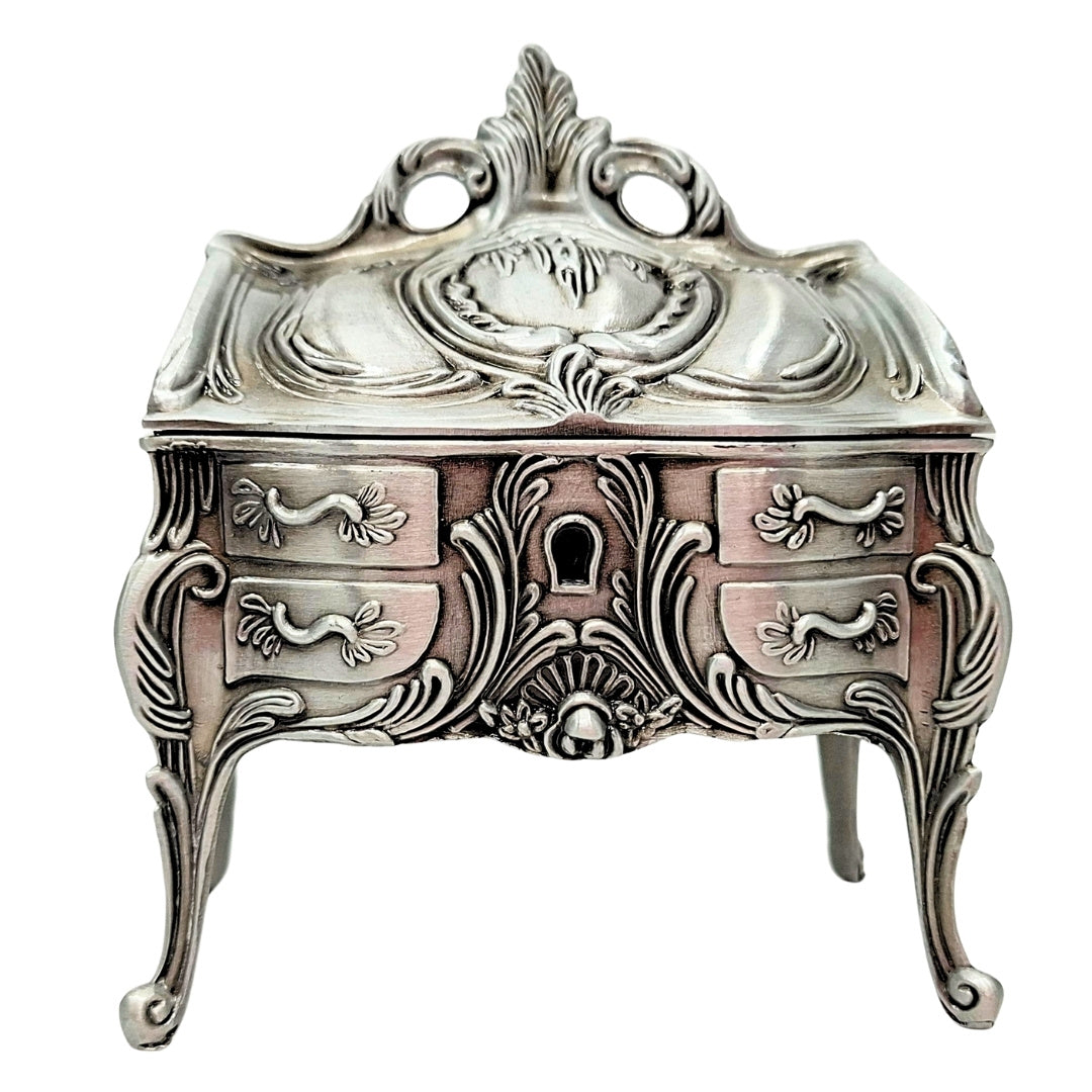 Caja de joyas metálica plateada retro 2056M con posibilidad de grabado - Regalo elegante para el Día de la Madre o cumpleaños, dimensiones 9,7 x 10 x 6,7 cm, estilo rococó con ornamentos florales