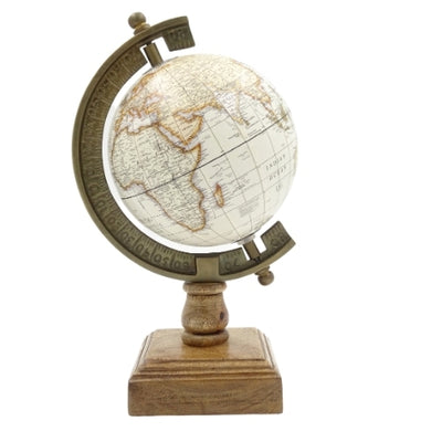 Globo decorativo estiloso Amundsen sobre base de madera con grabado - Adorno elegante para interiores clásicos, loft y coloniales, ideal para regalo - Altura 26,5 cm, color blanco y marrón, toque educativo en inglés