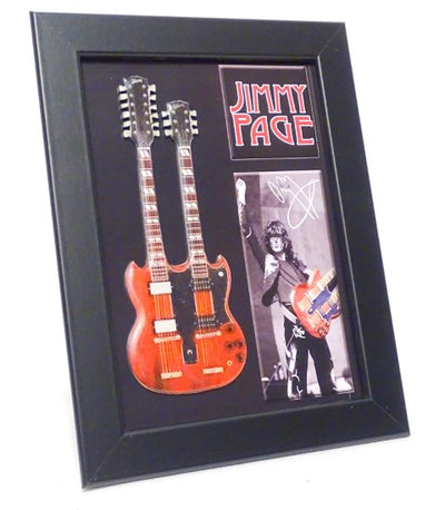 Mini guitarra doble mástil estilo Jimmy Page FMG-011 con posibilidad de personalización con grabado, ideal para regalo - marco de madera 1,3 cm x 16 cm x 21,4 cm, estructura de acero