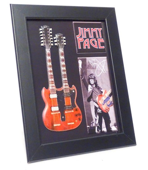 Mini guitarra doble mástil estilo Jimmy Page FMG-011 con posibilidad de personalización con grabado, ideal para regalo - marco de madera 1,3 cm x 16 cm x 21,4 cm, estructura de acero