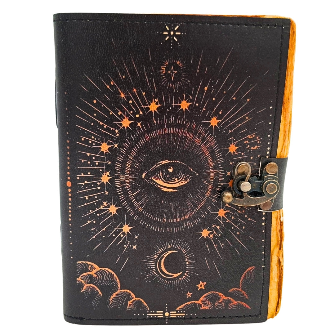 Cuaderno Ojo Cósmico con Grabado - Cuaderno de Piel Retro con 200 Páginas de Papel Amarillo de Piel de Cabra