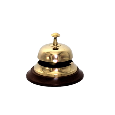Gong de latón para hotel sobre base de madera TB27/4 con posibilidad de personalización mediante grabado, regalo elegante en color dorado y marrón, altura 11 cm, diámetro 12 cm