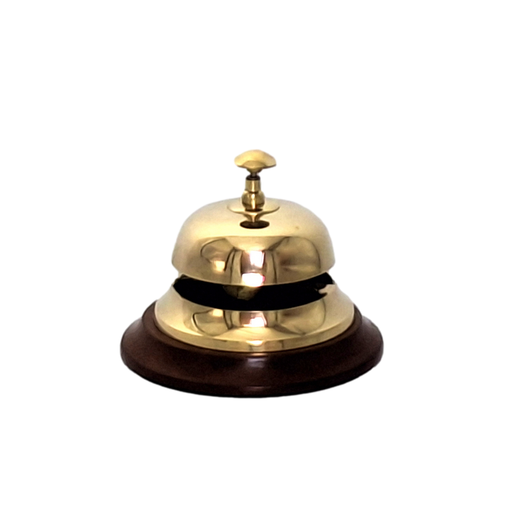Gong de latón para hotel sobre base de madera TB27/4 con posibilidad de personalización mediante grabado, regalo elegante en color dorado y marrón, altura 11 cm, diámetro 12 cm