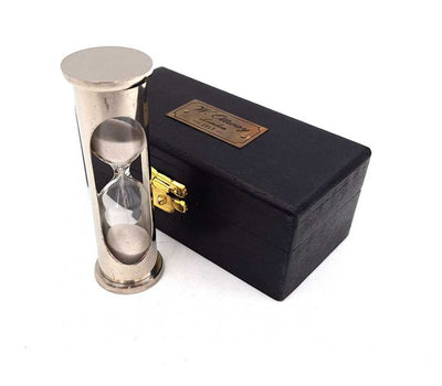 Reloj de arena de latón retro con caja de madera - grabado personalizado - regalo ideal para 1 minuto - altura 8,5 cm - decoración elegante para escritorio